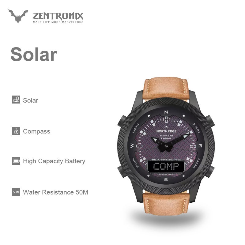 North Edge Solar Men Digital Solar Watch Mens Outdoor Sport Watches Full Metal Waterproof 50M Compass Countdown Stopwatch Smart Watch